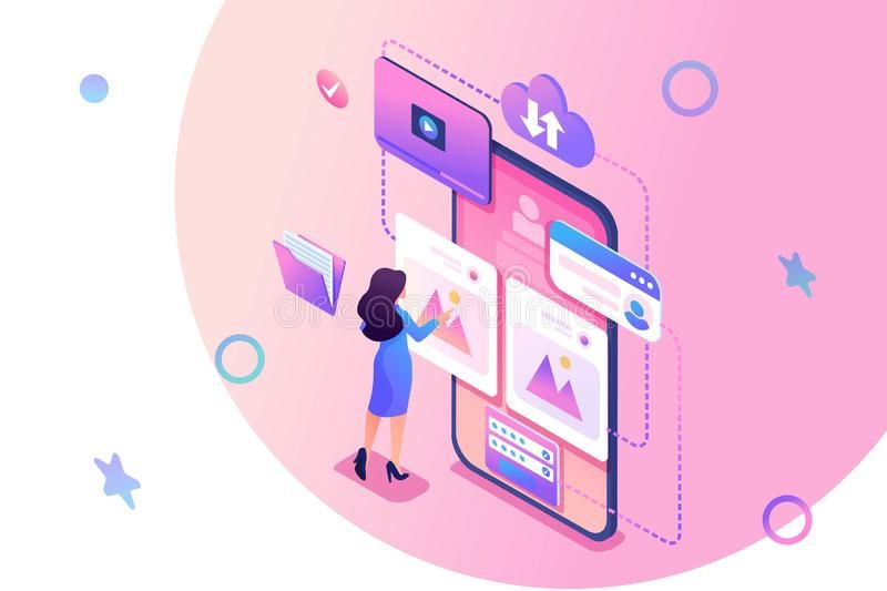 Illustration of woman looking at life-sized tablet to demonstrate colorful music event page